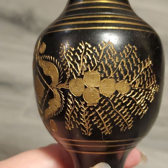 Vintage 60's Black Metal w/Brass Details Vase - Picture 4 of 7